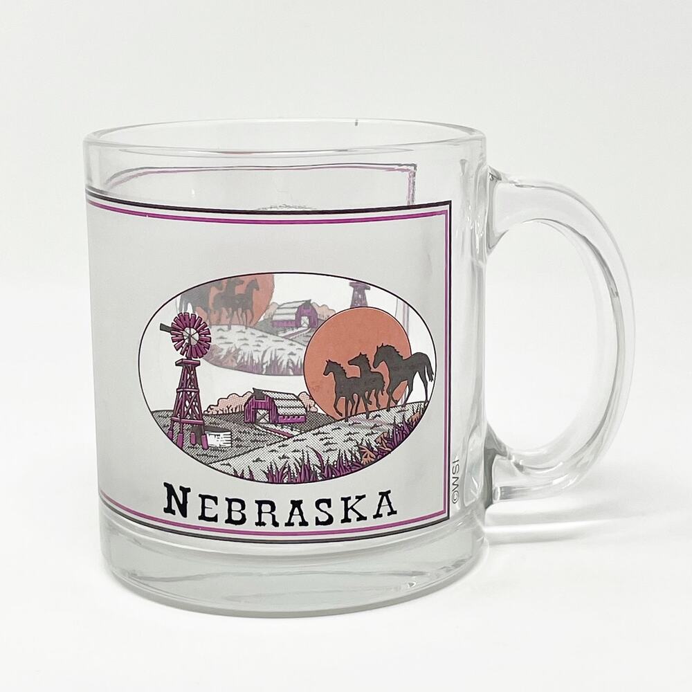 Vintage Nebraska Clear Glass Coffee Cup Mug w Horses Windmill Souvenir Promo USA